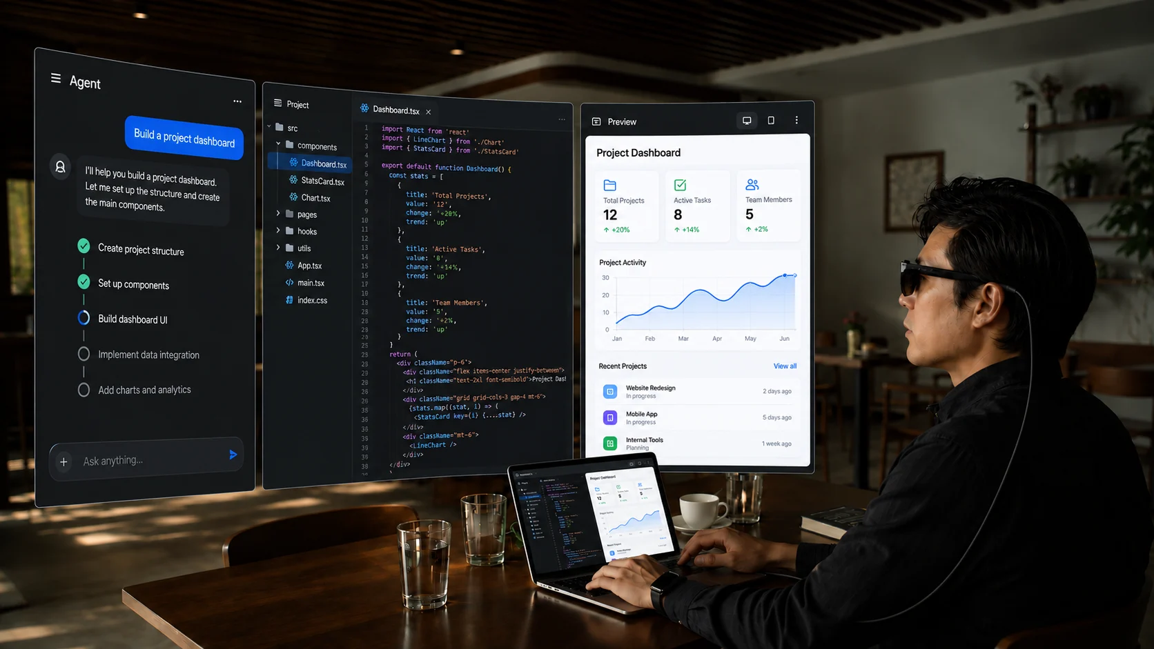 AI-generated illustration of a developer wearing URXR One at a café, with an agent, code editor, and preview arranged as three virtual screens.