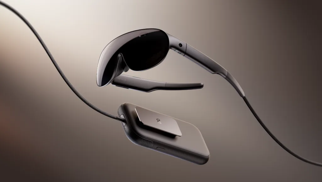 Meta VR Glasses with its tethered compute puck and optical cable