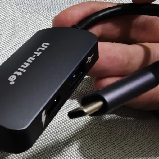 ULT-unite USB-C adapter with a separate power delivery input, held in one hand