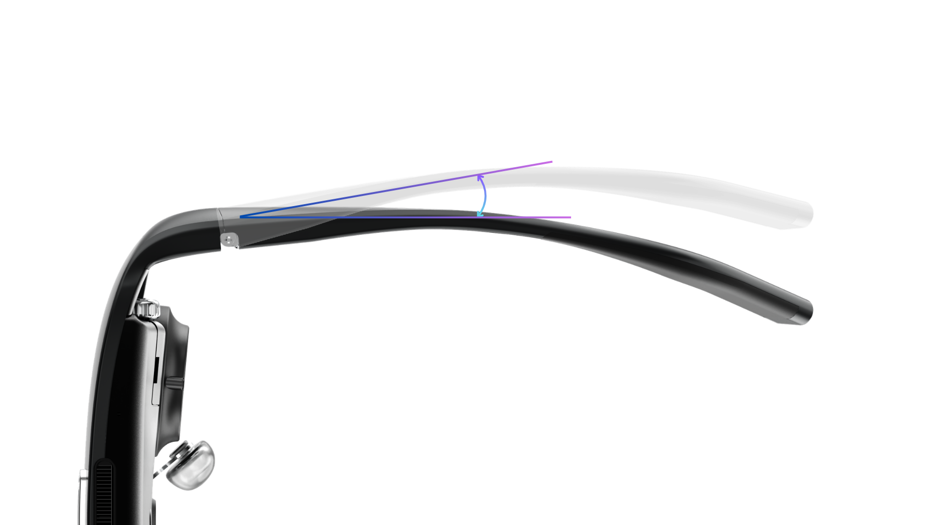 Side diagram of URXR One showing one temple flexing outward at its hinge